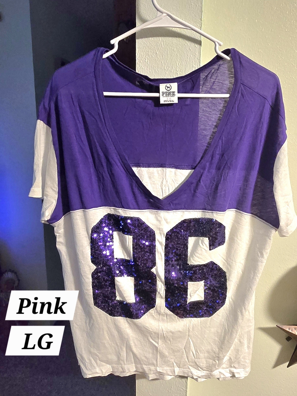PINK Victoria's Secret Purple and White Sequin '86' V-Neck Top